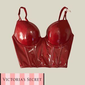 Victoria's Secret latex & lace push up balconette corset bra top in red (32C)